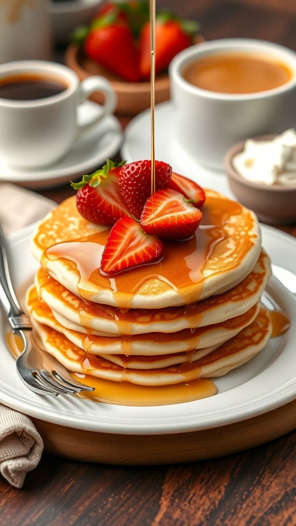 Fluffy pancakes topped with strawberries and maple syrup on a white plate.
